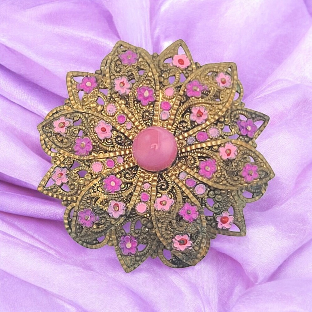 Western Germany Brooch Pink Enameled Gold Tone Filigree Flowers Vintage